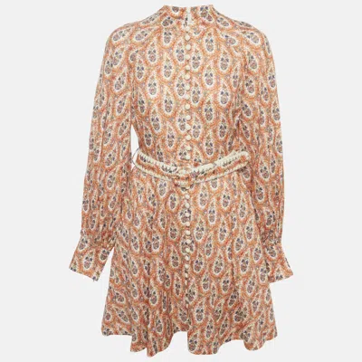 Pre-owned Zimmermann Orange Floral Print Linen Belted Mini Dress M