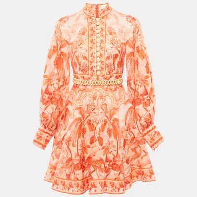 Pre-owned Zimmermann Orange Printed Linen Belted Mini Dress S