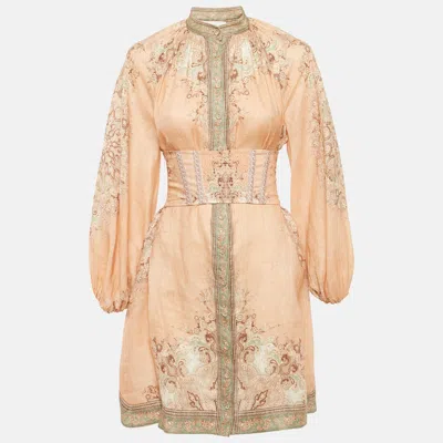 Pre-owned Zimmermann Orange Printed Linen Corset Belt Mini Dress M