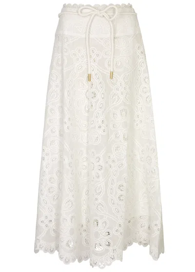 Zimmermann Ottie Broderie Anglaise Cotton Midi Skirt In Ivory
