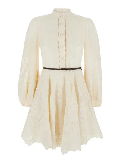 Zimmermann Ottie Belted Braided Leather- And Ramie-trimmed Embroidered Linen Mini Dress In Beige