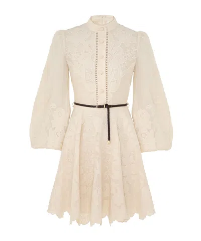 Zimmermann Mini Beige Dress With Embroidery And Contrasting Belt