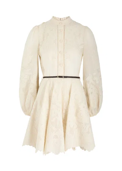 Zimmermann Ottie Floral-embroidered Linen Mini Dress In Cream