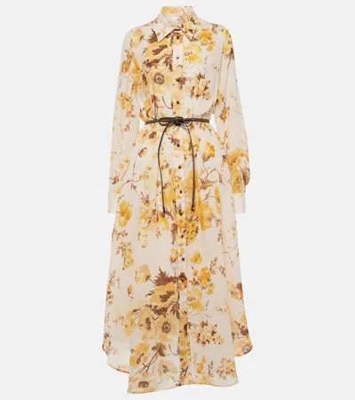 Zimmermann Ottie Belted Leather-trimmed Floral-print Ramie Midi Shirt Dress In Multi