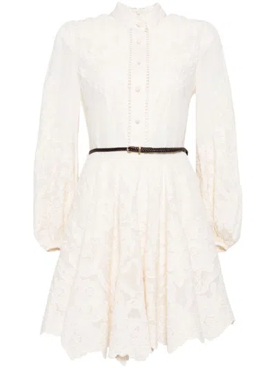 Zimmermann Mini Beige Dress With Embroidery And Contrasting Belt