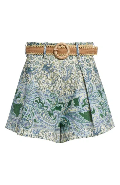 Zimmermann Ottie Paisley Print Belted Linen Shorts In Green Paisley