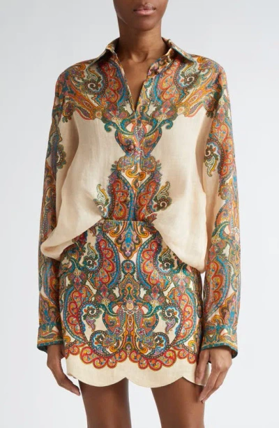 Zimmermann Ottie Oversized Paisley-print Ramie Shirt In Multi
