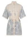 Zimmermann Ottie Palm Shirt Dress Cream/blue In Metallic