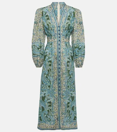 ZIMMERMANN OTTIE PLUNGE PAISLEY LINEN MIDI DRESS