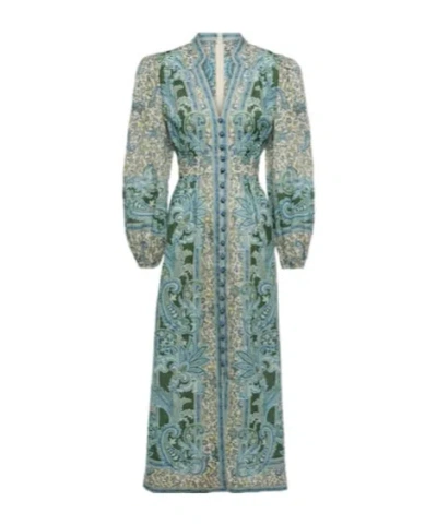 Zimmermann Ottie Plunge Paisley Linen Midi Dress In Green
