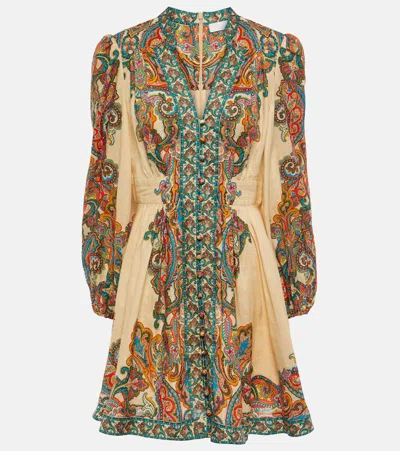 Zimmermann Ottie Plunge Paisley Linen Minidress In Multicoloured