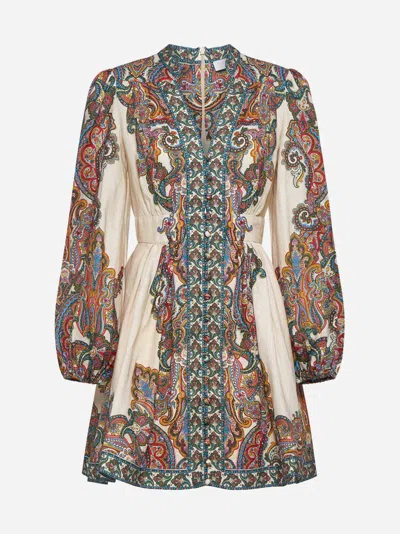 Zimmermann Ottie Gathered Paisley-print Linen Mini Dress In Multicolour