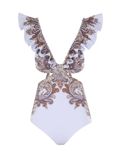 Zimmermann Ottie Ruffle One Piece Purple Paisley In Multi