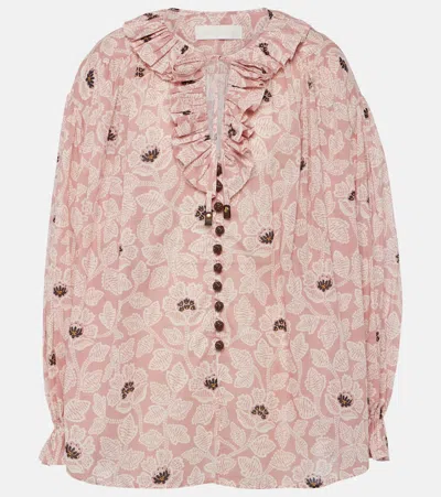 Zimmermann Ottie Ruffled Floral Cotton Top In Pink