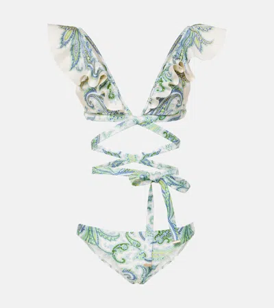 Zimmermann Ottie Tie-front Ruffled Paisley-print Bikini In White