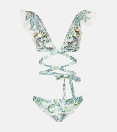 Zimmermann Ottie Tie-front Ruffled Paisley-print Bikini In Multi
