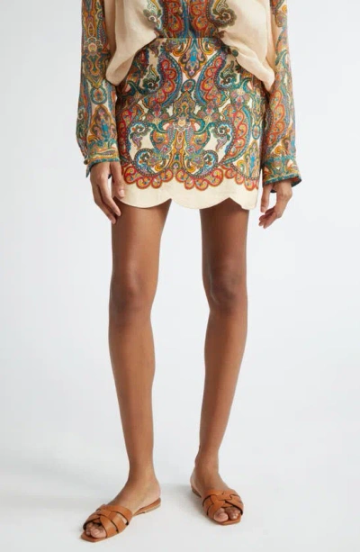 Zimmermann Ottie Scalloped Linen Miniskirt In Multi Paisley