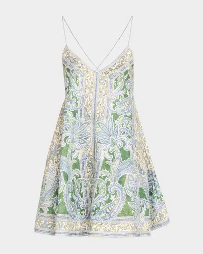 Zimmermann Linen Bandana Motif Ottie Swing Slip Dress In Gray