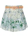 Zimmermann Ottie Belted Pleated Printed Linen Shorts
