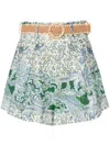 Zimmermann Ottie Belted Pleated Printed Linen Shorts In Green