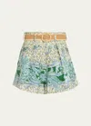 Zimmermann Ottie Belted Pleated Printed Linen Shorts In Green Paisley