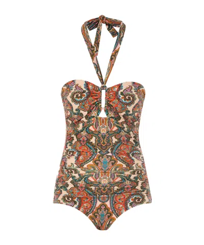 Zimmermann Ottie Paisley Print Halterneck One-piece Swimsuit In Multicolour