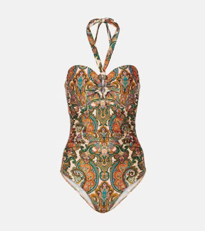 Zimmermann Ottie Paisley Print Halterneck One-piece Swimsuit In Multicolour