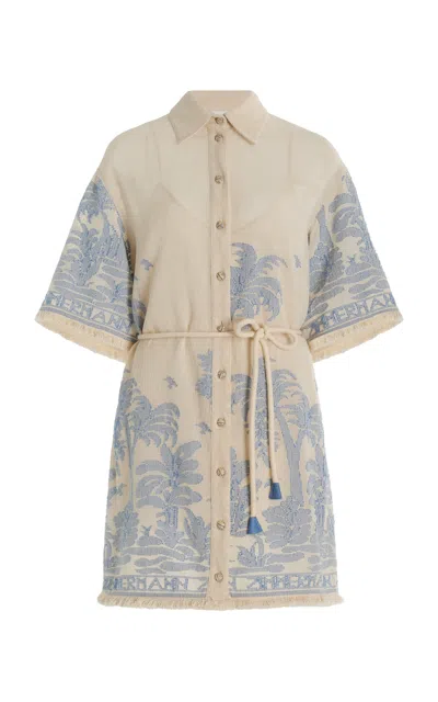 Zimmermann Ottie Woven Cotton Mini Shirt Dress In Blue