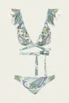 Zimmermann Ottie Wrap Ruffle Bikini Set In Green Paisley
