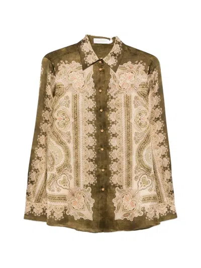Zimmermann Luna Satin Shirt Olive Perla Paisley In Brown