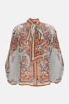 Zimmermann Paisley Floral Pure Silk Blouse With Self-tie Neck Detail In Brown