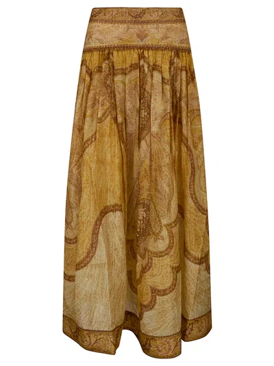 Zimmermann Paisley Patterned Maxi Skirt With Gathered Design In Brown