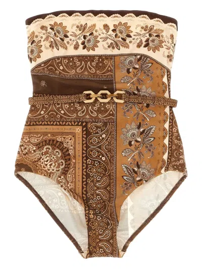 Zimmermann Paisley-print Belted Swimsuit In Neutral