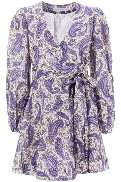 Zimmermann Paisley Print Linen Devi Wrap Minidress In Purple