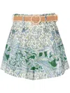 Zimmermann Ottie Belted Pleated Printed Linen Shorts In Blue