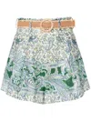 Zimmermann Ottie Belted Pleated Printed Linen Shorts