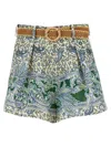 Zimmermann Ottie Belted Pleated Printed Linen Shorts In Green