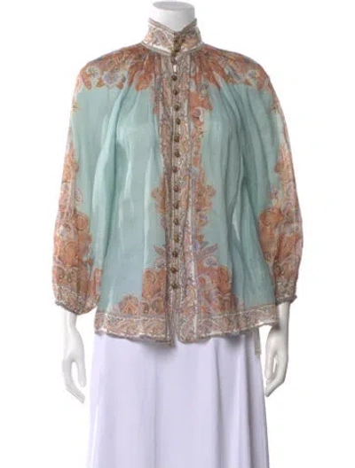 Pre-owned Zimmermann Paisley Print Long Sleeve Blouse In Blue