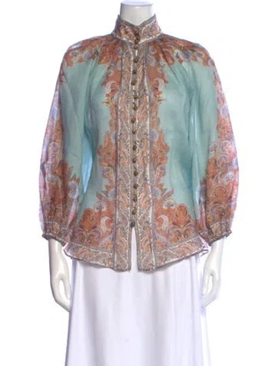 Pre-owned Zimmermann Paisley Print Long Sleeve Blouse In Blue