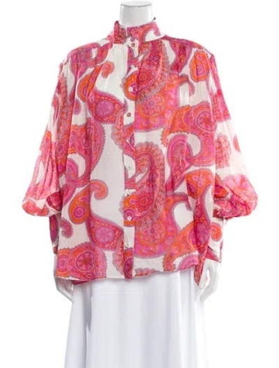 Pre-owned Zimmermann Paisley Print Long Sleeve Blouse In White