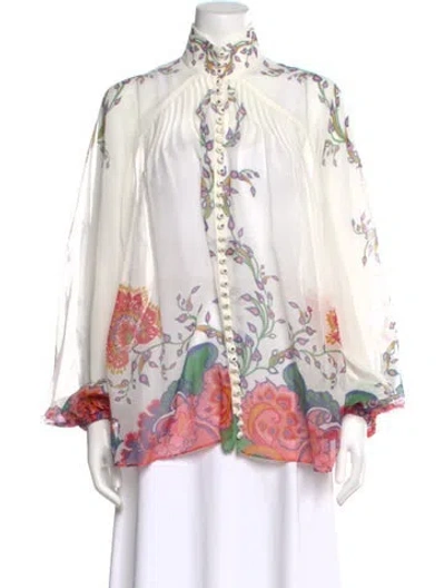 Pre-owned Zimmermann Paisley Print Long Sleeve Blouse In White