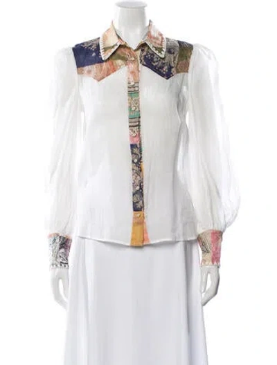 Pre-owned Zimmermann Paisley Print Long Sleeve Blouse In White