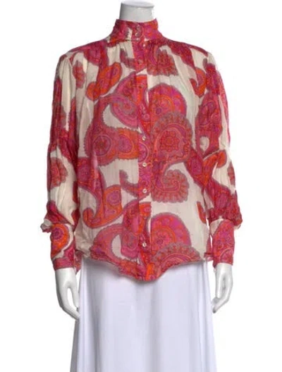 Pre-owned Zimmermann Paisley Print Long Sleeve Blouse In White
