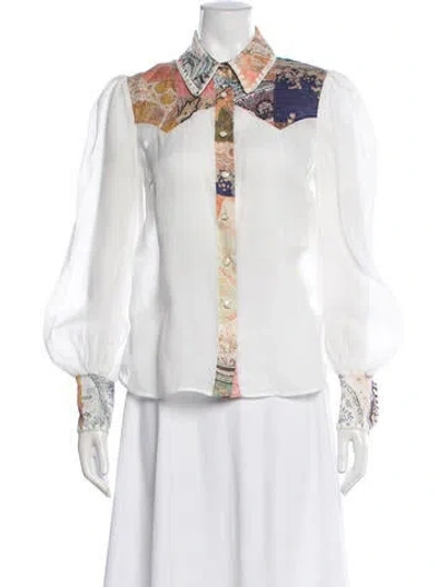 Pre-owned Zimmermann Paisley Print Long Sleeve Blouse In White