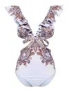 Zimmermann Ottie Paisley Ruffle One-piece Swimsuit In Púrpura