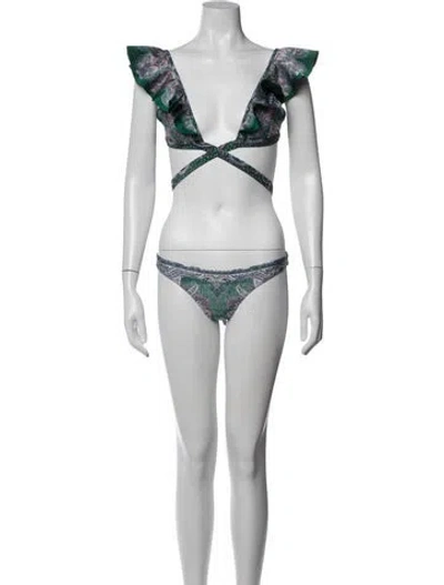 Pre-owned Zimmermann Paisley Print Ruffle Embellishment Bikini W/ Tags In Green