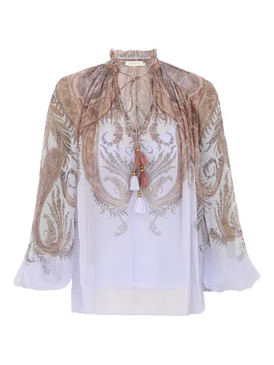 Zimmermann Flowy Gradient Blouse With Ruffled Neckline In Multi