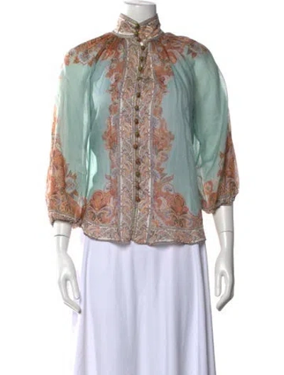 Pre-owned Zimmermann Paisley Print Three-quarter Sleeve Blouse In Blue