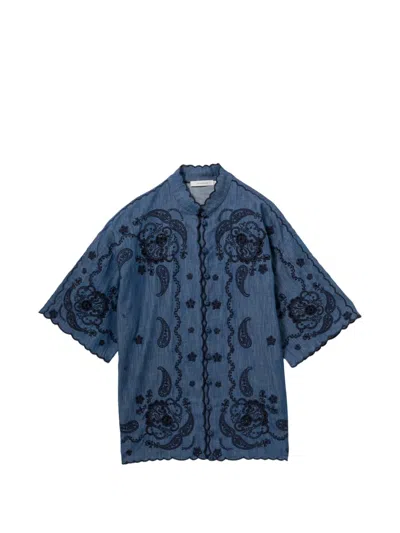 Zimmermann Paisley-embroidered Scalloped-edge Blouse In Blue