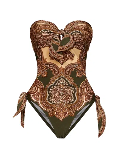 Zimmermann Paisley-print Cut-out Swimsuit In Brown